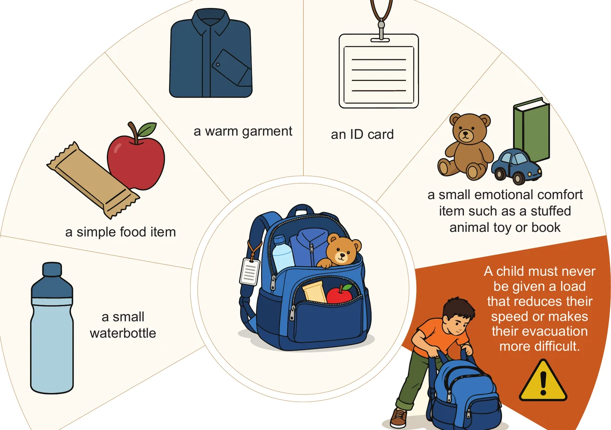 Infographic of the child's backpack: a small water bottle, a simple food item, a warm garment, an ID card and a small emotional comfort item. A child must never be given a load that reduces their speed or makes their evacuation more difficult.